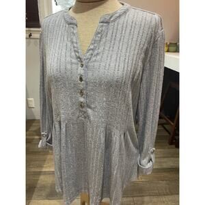 Cocomo Blue and Silver V Neck Swing Sweater Ribbed Button Up Roll Tab Sleeve L